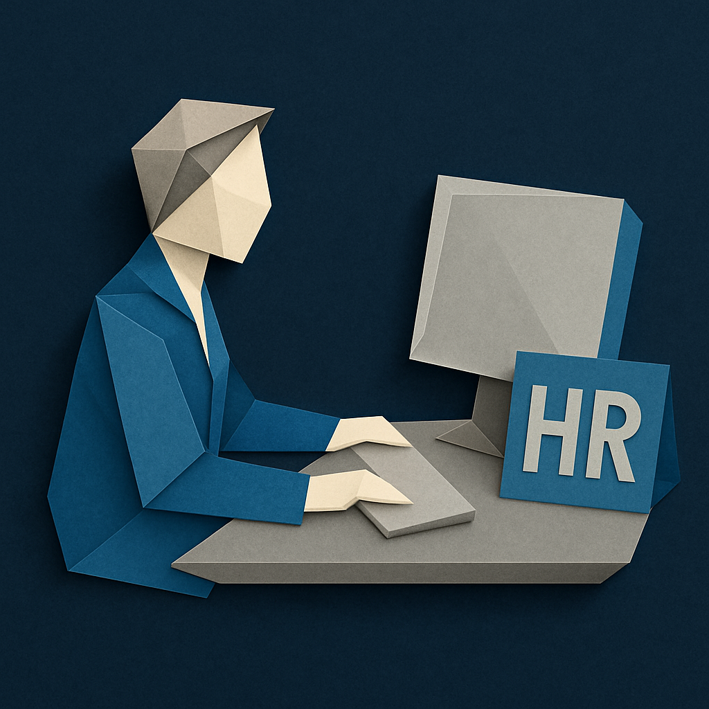 Create an origamistyle image with a dark blue background that depicts an HR professional working at a computer using only these colors  Blues 0367A6 0-1