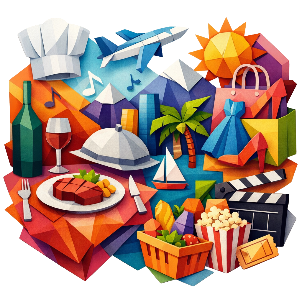 SimpliPerks-colorful-origamistyle-image-that-depicts-dining-entertainment-travel-cuisine-shopping-groceries